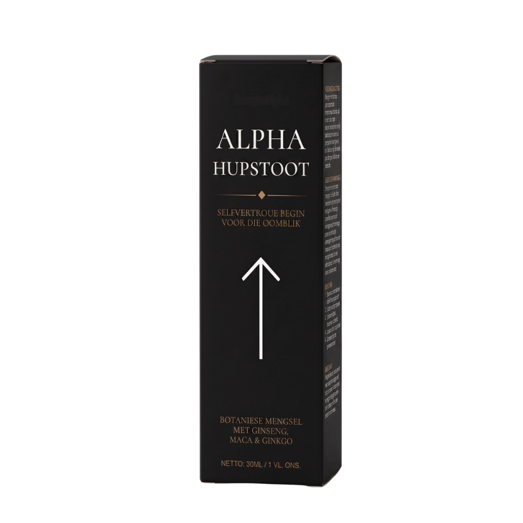 Alpha Huptoot botaniese mengsel met ginseng, maca en ginkgo, verpakking met selfvertroue beginsel.