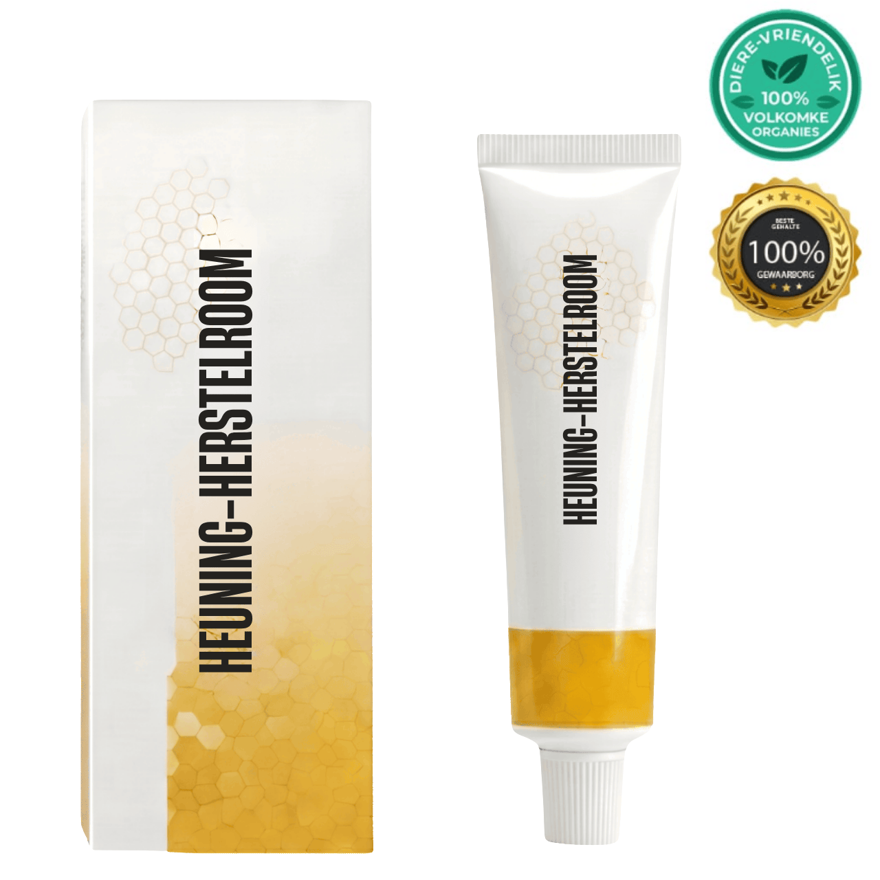 Elite heuning-herstelroom gesigroom in verpakking en tube vir daaglikse velsorg.