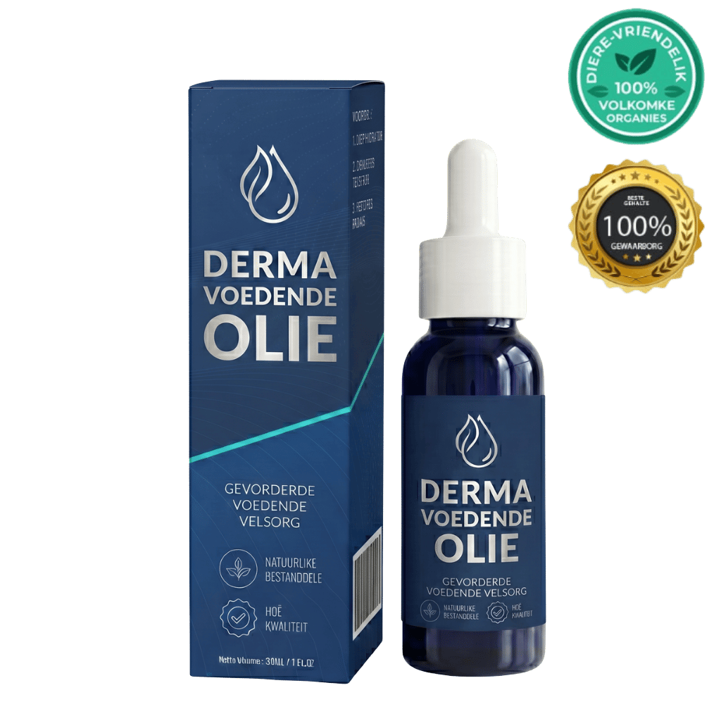 Derma Voedende Olie en verpakking met 100% organiese bestanddele en diervriendelik-etiket.