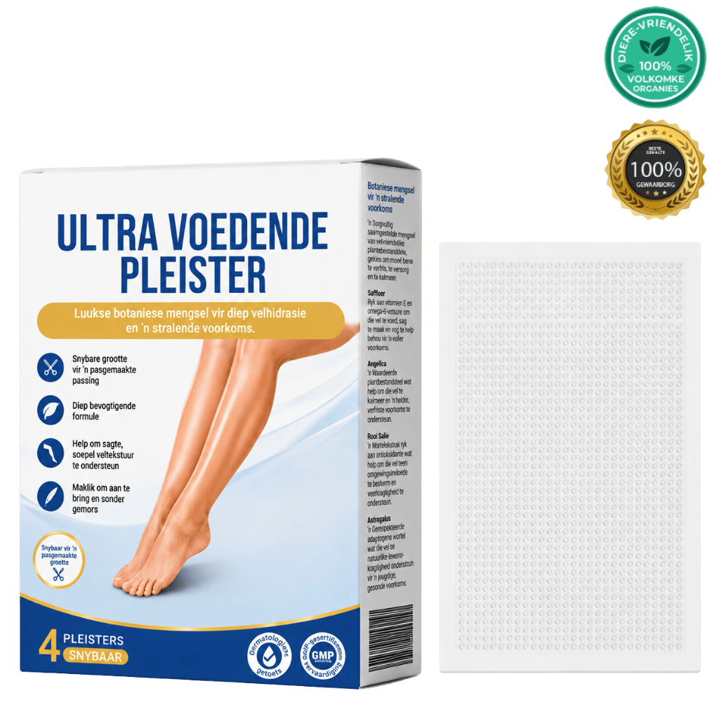 Ultra Voedende Pleister verpakking met beeld van skrif en pleister vir hidrasie en velvoeding.