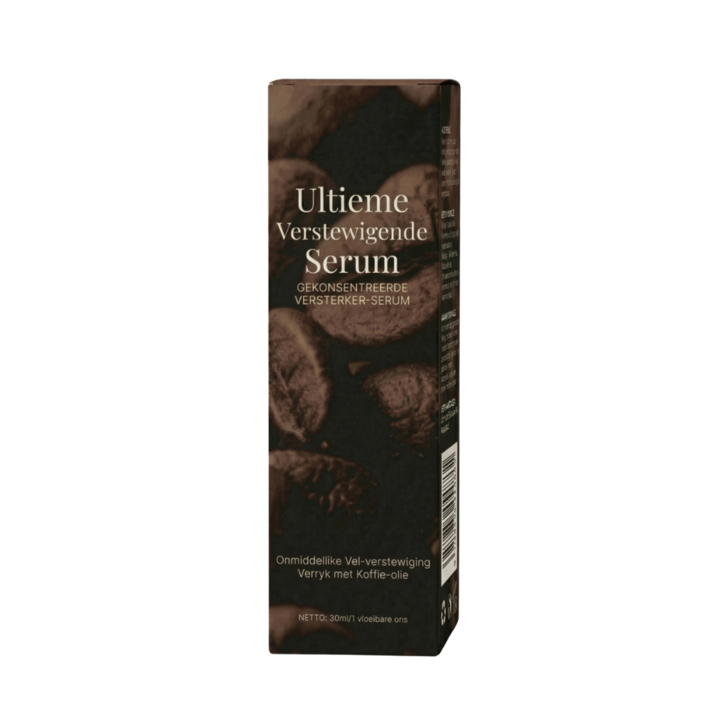 Ultra Verstewigende Serum verpakking met koffie-olie vir verbeterde velversorging en gladder voorkoms.