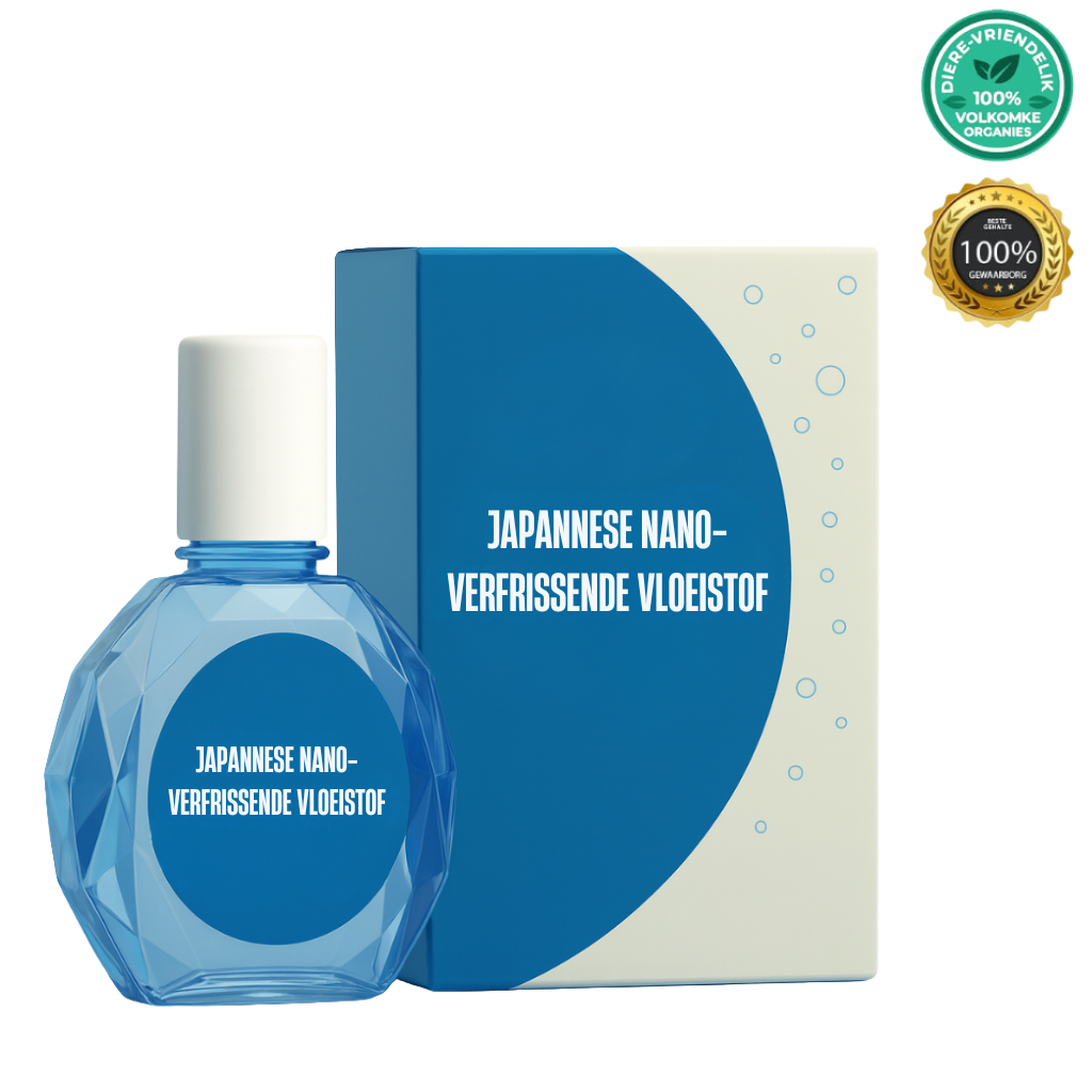 Japannese Nano-Verfrissende Vloeistof fles en verpakking met 100% organiese etikette.