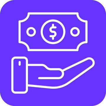 Wenke virtuele fooitjie-item om waardering te wys met geld en hand simbool op paarse agtergrond