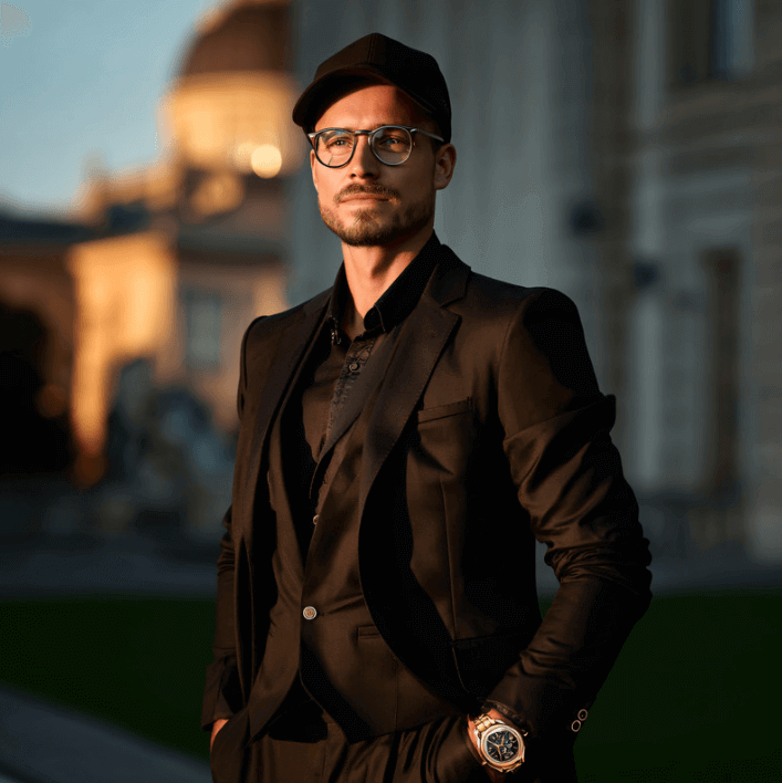 Man in a black suit and cap, showcasing a stylish look against a blurred outdoor background.
