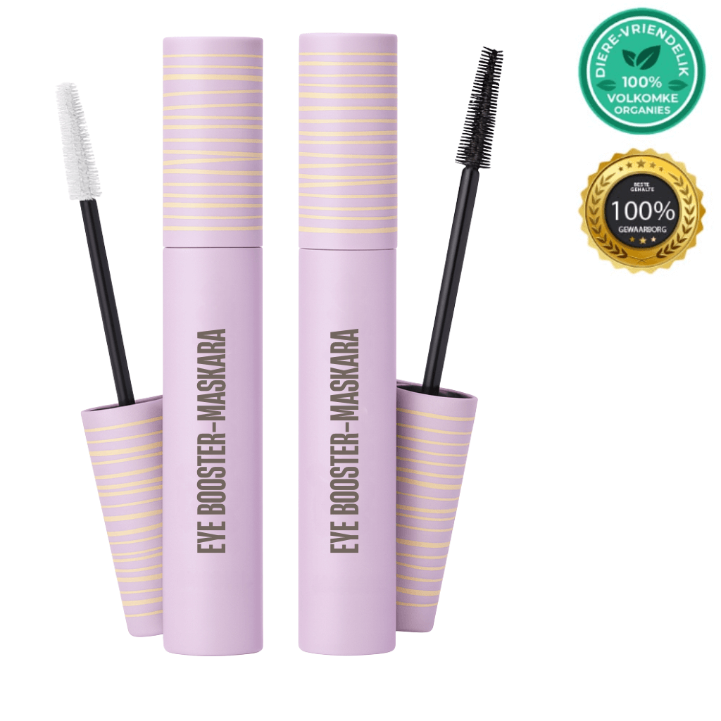 Eye Booster-maskara verpakking met twee masara tube en borstel, ideaal vir gedefinieerde wimpers.
