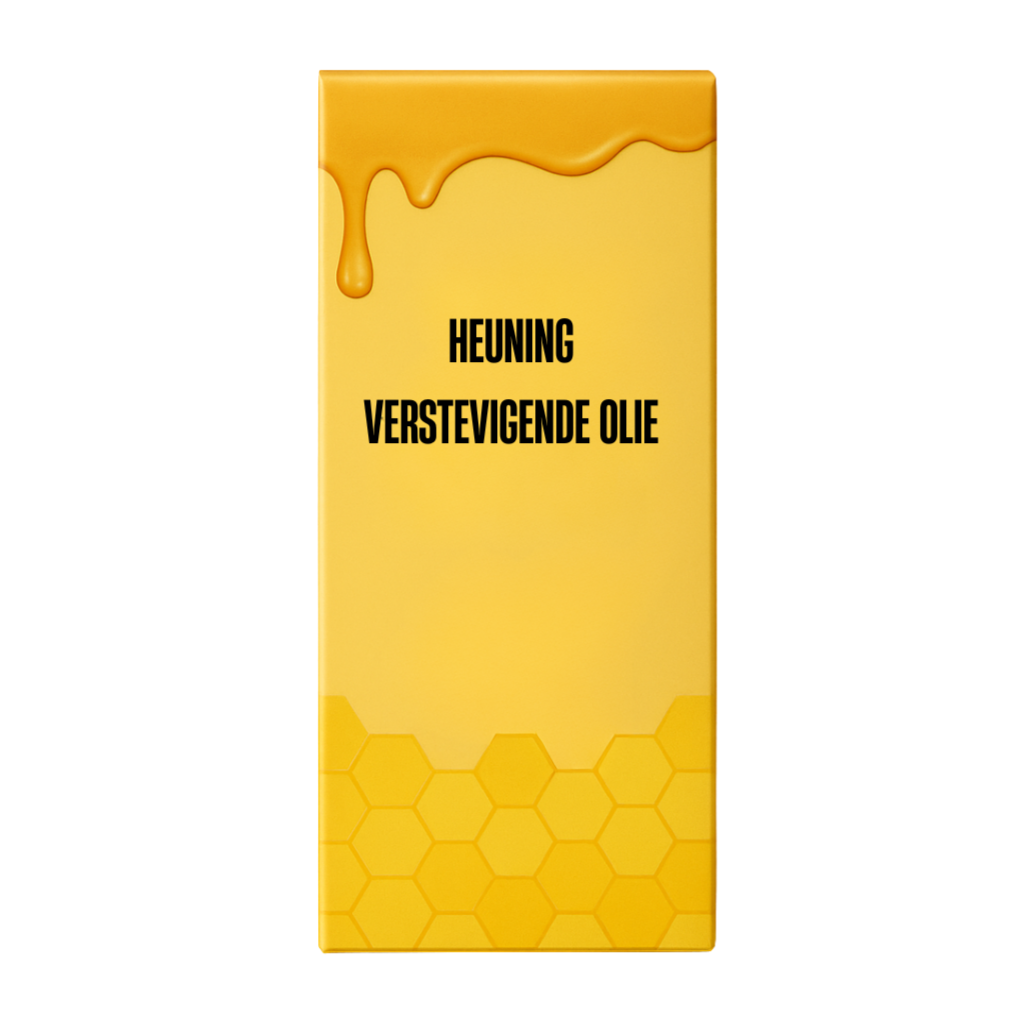 Heuning Verstevigende Olie verpakking met 'n ligte geel ontwerpelement en heuning drup.