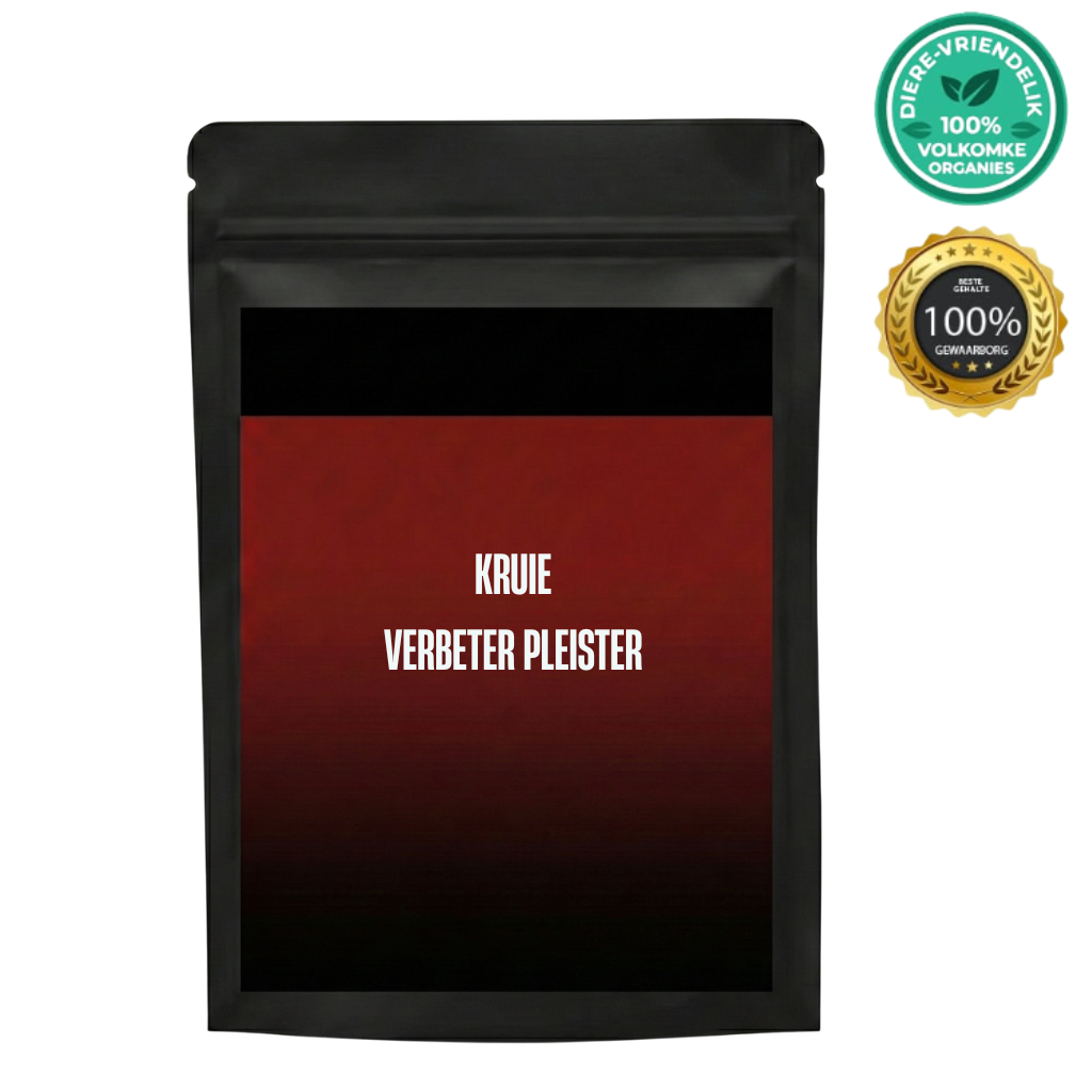 Kruie Verbeter Pleister verpakking met 100% organiese en diere-vriendelike eienskappe.