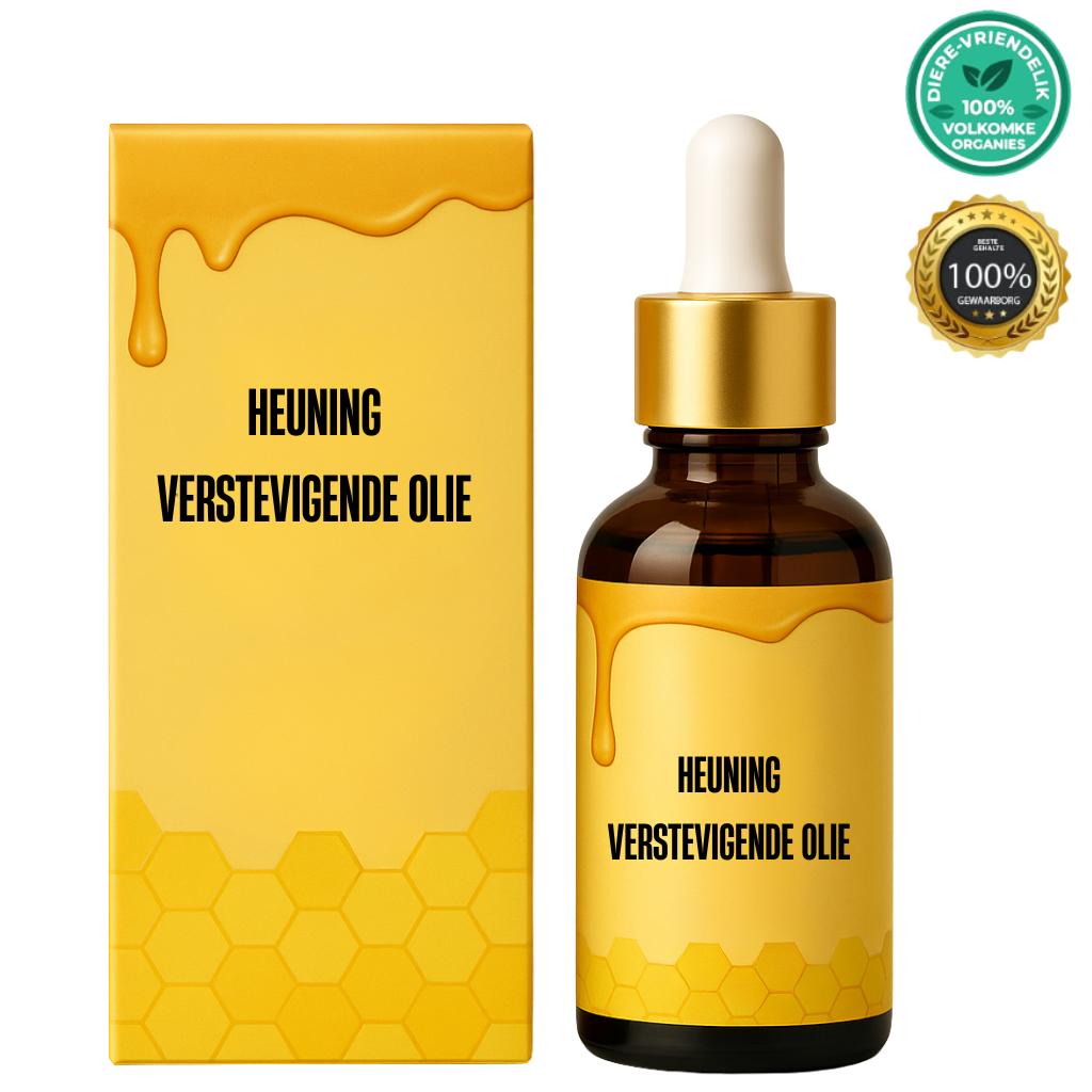 Heuning Verstevigende Olie bottle and packaging with honeycomb design for intensive skin nourishment.
