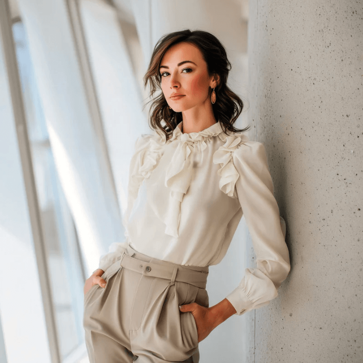 Stylish woman in a white blouse with ruffles and high-waisted pants, posing against a modern wall.