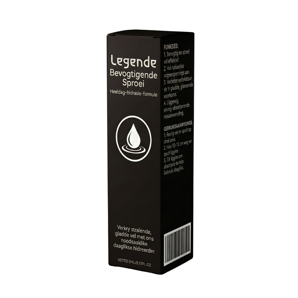 Legende Bevogtigende Sproei verpakking met beskrywing van velsorg en hydraterende eienskappe.