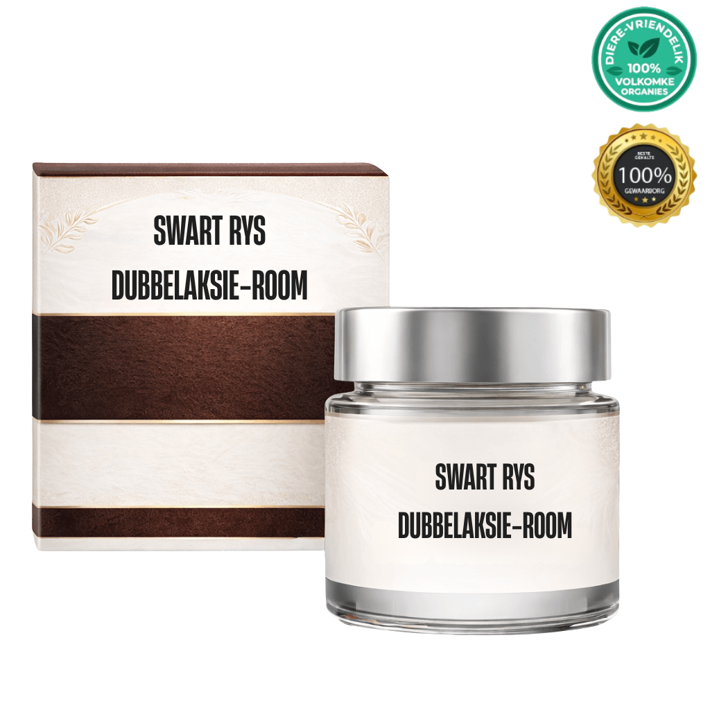 Swart rys dubbelaksie-room in 'n elegantes houer, ideaal vir daaglikse velverzorging.