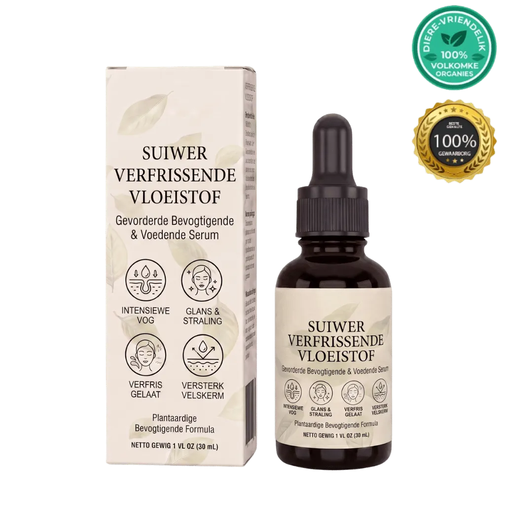 Suiwer verfrissende vloeistof serum verpakking en fles met natuurlike bestanddele en keurmerke.