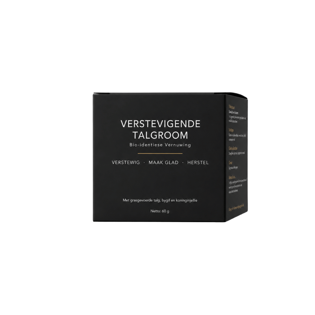 Verstevigende talgroom verpakking met bio-identities formuleringsdetails en gebruiksinstruksies.