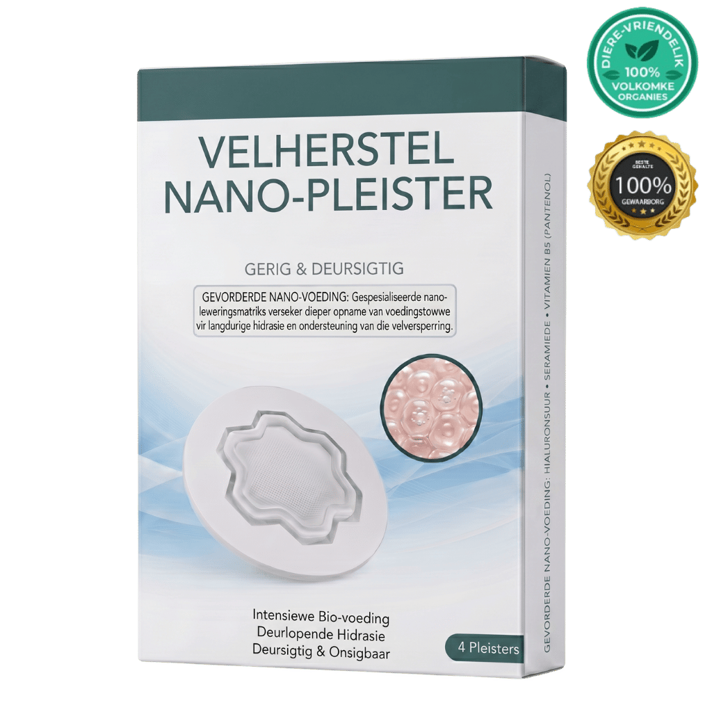Nano-velherstelpleister verpakking met bio-voeding en deursigtigheid, ideaal vir gesonde vel.