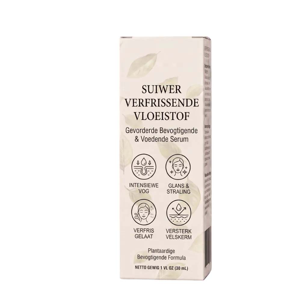 Suiwer verfrissende vloeistof verpakking met plante en grafika, bevogtigend en voedend serum.