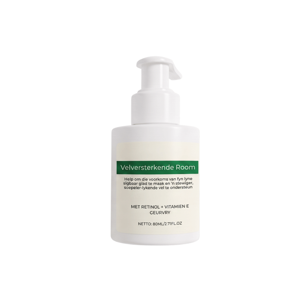 Velverstevigende lotion in 'n wit houer met 'n pomp, ontwerp om 'n ferm en gesonde vel te ondersteun.