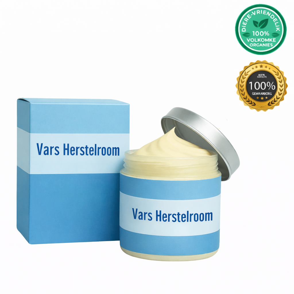 Vars Herstelroom in 'n pot met 'n blou verpakking, ideaal vir sagter en gladder vel.