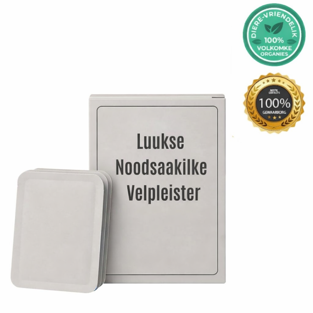 Luukse Noodsaaklike Velpleister verpakking met 'n moderne ontwerp en diervriendelike logo.