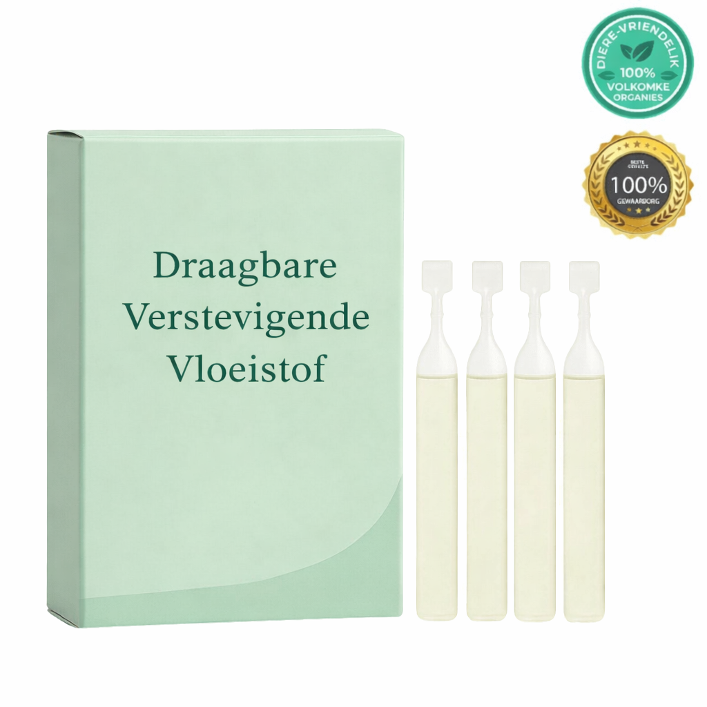 Draagbare Verstevigende Vloeistof in een luxe verpakking met vier ampullen voor botaniese velzorg.