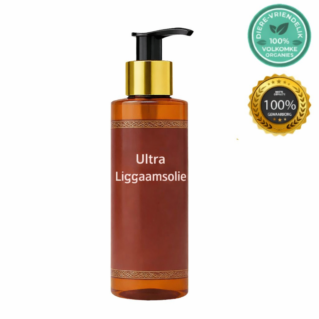 Ultra Liggaamsolie in 'n bruin bottel met 'n goud kleurige pomp, ideaal vir 'n gladder en syagtige vel.