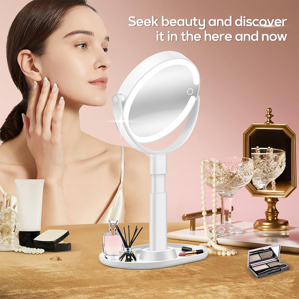Aardlig ClearView Mirror with adjustable LED lighting for flawless makeup and skincare, placed on a vanity with beauty products.