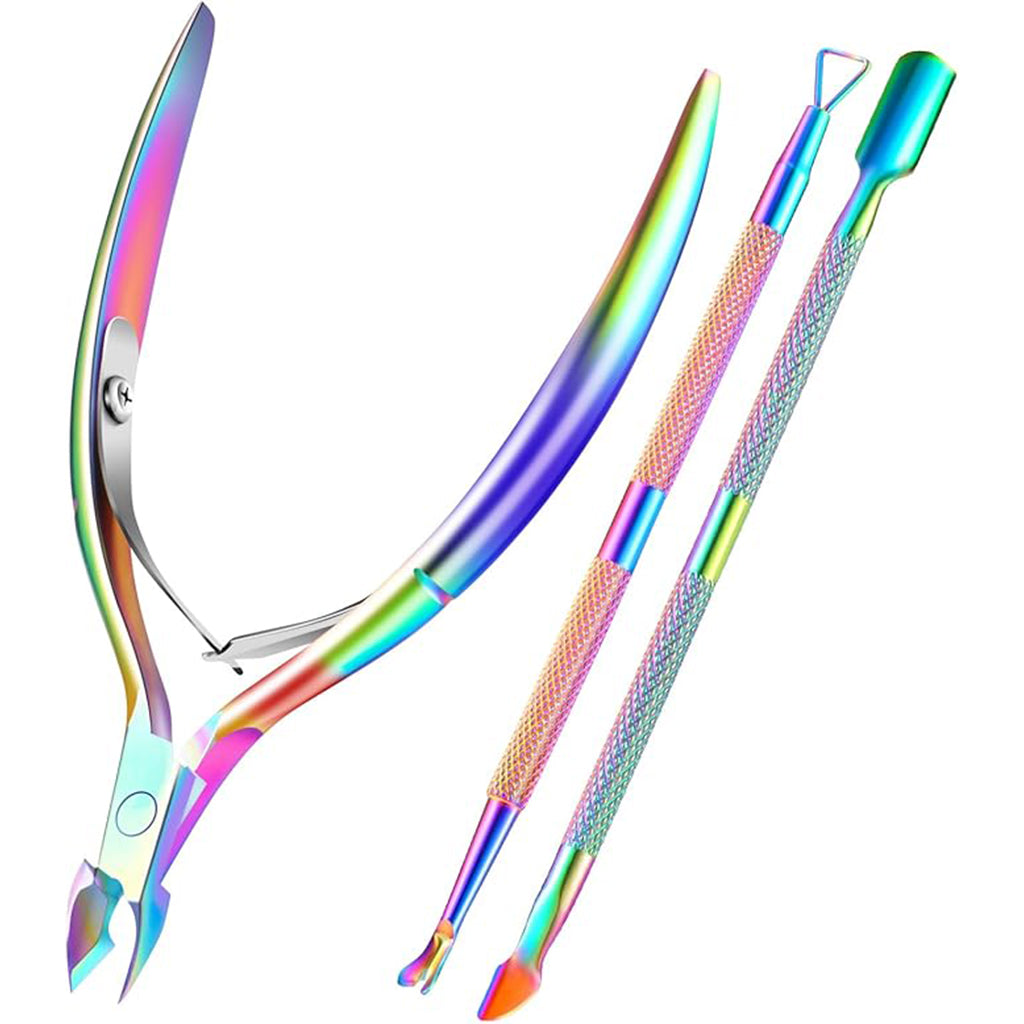 Aardlig CuticleCare Tool set with vibrant rainbow finish for precise cuticle care and nail maintenance.