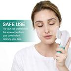 Aardlig FaceGlow Brush in use for gentle facial cleansing with safety tips in the background.