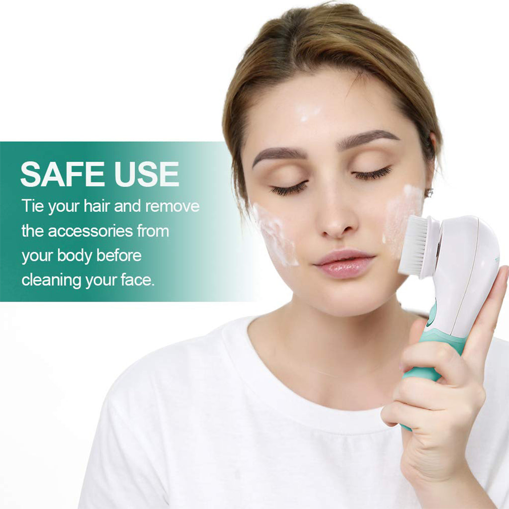 Aardlig FaceGlow Brush in use for gentle facial cleansing with safety tips in the background.