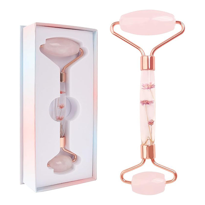 Aardlig GlowRoller elegant face massager in pink with natural stone and floral design