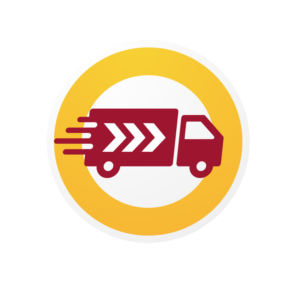 Prioriteitsversending icon with a delivery truck in motion, symbolizing fast shipping services.